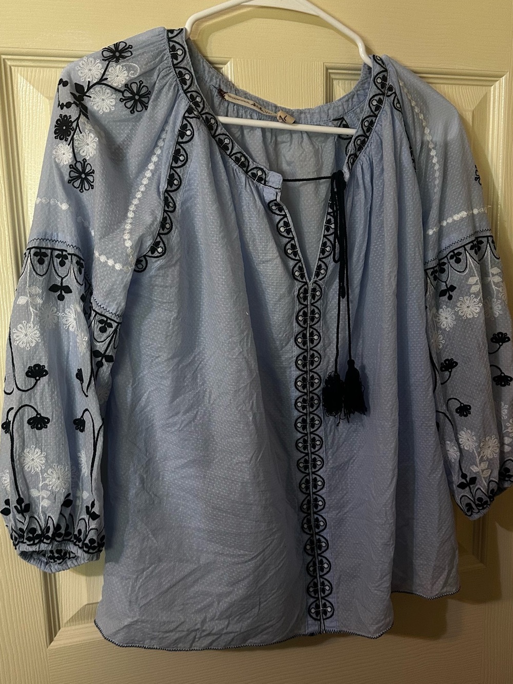 Chelsea & Violet Light Blue Embroidered Peasant Tunic with Black Accents